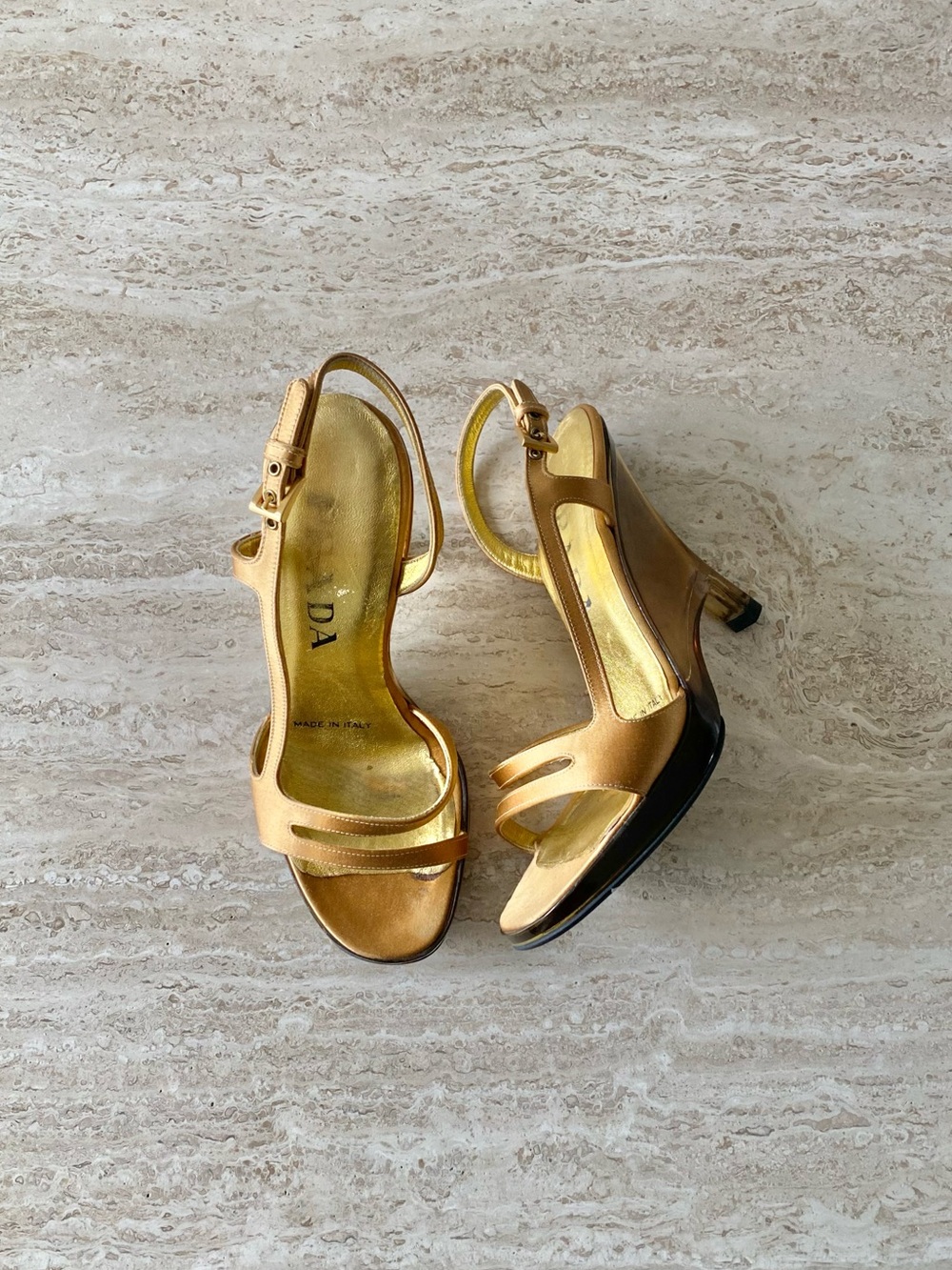 Vintage Prada Satin Slingback Lucite Wedge Sandals